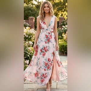Lulus Floral Chiffon Sleeveless Maxi Dress V-Neck A-Line Silhouette Size Small